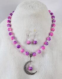 Pink, Purple and White Beaded Moon Necklace